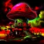 Placeholder: A fantabulous black, green and red (((mushroom tower house))) erected atop a (geologic pillar), surrounded by the uncanny imaginative ((( swirling skies))), offset by the stark hues of a (neon-tinged nebulous space scape), within. captured by the hand a skilled master painter with a focus on (softly blurred compositions and voluminous lighting).