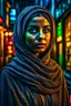 Placeholder: a beautiful Arabian girl in hijab , set against a gritty urban backdrop, The image should be highly detailed and intricate, with a sharp focus on the woman's features, and a neon color palette that pops against the dark background, the style should be reminiscent of street art and urban culture, with exaggerated and stylized features that give the portrait a larger-than-life feel, trending on artstation and instagram, art inspirations include banksy, Shepard Fairey, and lady pink.