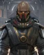 Placeholder: star wars bald male corellian pilot wearing pearlescent black and gunmetal grey First Order special forces heavy assault armor with gold and metallic red trim inside the jedi temple, centered portrait, hyperdetailed, dynamic lighting, hyperdetailed background, 8k resolution, volumetric lighting, light skin, fully symmetric details