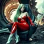 Placeholder: White woman with long green hair, a good, athletic body, nice legs, and a large bust, dressed in a red latex suit and white boots, sitting in an alien-like technological chair, with a destroyed spaceship in the background.
