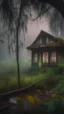 Placeholder: A swamp surrounded by bamboos long trees in cloudy, depressing, foggy, with a dim of light in the distance , there is an abandoned cottage of an old house covered with leaves. A light inside the house though the window