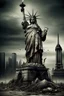 Placeholder: the statue of liberty, dress dirty and torn, her face solemn and terse, her head hanging in defeat, trash littered at her feet, the skyline dark and grungy