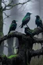 Placeholder: A group of crows standing on a scary tree without leaves . its skin is covered in moss and lichen, allowing it to blend seamlessly into its surroundings. Forest Spirits feed on the energy of trees and can create thick fog to confuse their victims.