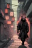 Placeholder: cyberpunk city alley samurai with bear shaped mask