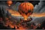 Placeholder: Nighttime Halloween fantasy world; surreal hot air balloon pumpkin themes, bonfire bacchanalia, by Stanley Mouse, by Gerald Scarfe, by Jeremy Mann, hypesurrreal; deep vibrant rich orange, black, and red color scheme; ultra intricate complex detail, sinister whimsey.