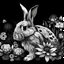 Placeholder: a beautiful rabbit between clear seeds and big flowers black background .black and white colors. for coloring . with grayscale