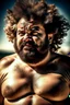 Placeholder: photography of a tired chubby hairy burly 35 years old ugly arab carpenter, shirtless, big nose, tattoo, unshaved, curly hair, manly chest, angry eyes, open legs , at the beach in the sun, big shoulders, big tights, side light, ground view angle