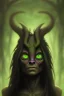 Placeholder: A portrait of a druid reptile demon with blurred colors, cute, beautiful, long dark hair,deep darkness, green evil eyes, etheric ,deep purple smoke, close up portrait by Greg Rutkowski