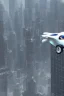 Placeholder: A flying car being drived by a robot between buildings in future city.