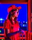 Placeholder: woman with a red baseball hat. leaning on a wooden balcony. night time. anime. studio lightining.