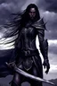 Placeholder: SA female elf with skin the color of storm clouds, deep grey, stands ready for battle. Her long black hair flows behind her like a shadow, while her eyes gleam with a fierce silver light. Despite the grim set of her mouth, there's a undeniable beauty in her fierce countenance. She's been in a fight, evidenced by the ragged state of her leather armor and the red cape that's seen better days, edges frayed and torn. In her hands, she grips two daggers, add dark shadow mystic purple flames