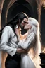 Placeholder: Strahd Von Zarovich being kissed by a beautiful woman with white hair, wearing an off the shoulder dress. Settling and background are a lavish toomb with an ebony coffin.