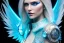 Placeholder: A beautiful portrait of a cute smiling cyberpunk woman with wings, long blond platinum hair, luminous blue eyes, high key lighting, volumetric light high details with blue and white stripes and feathers and white luminous celtic paterns, beam starry background