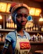 Placeholder: Pub scene, hybrid character, waitress sexy British woman with monster muppet mask that covers her entire head, Sesame Street style, retro style, short shirt, tray, beer, old school tattoo, hot, smooth, unreal engine 5, god lights, ray tracing, RTX, lumen lighting, ultra detail, volumetric lighting, 3d.