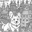 Placeholder: coloring pages for adults, Corgi, Quirky, In the style of Bravest Warriors, Urban city background, Excited Mood, Fine Lines, Low Detail, --ar 9:16