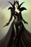 Placeholder: painting of morrigan hel as evil queen in black leather gown, feminie, angry, stern look on her face, emperious, highly detailed, digital painting, artstation, concept art, smooth, sharp focus, illustration, art by gaston bussiere and alphonse mucha