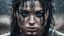 Placeholder: A high detailed closed up portrait of a warrior woman that has black hair and blue eyes and is tired and wet due to rain and a little mud, her lips is glorious .photo, dark fantasy , cinematic