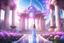 Placeholder: bellissima ragazza del futuro in piedi davanti a un tempio magico di un altro pianeta con tetto aperto in stile ferico con natura e fiori rosa e azzurri e cristalli e gemme in giardino con due colonne di luce e cielo aperto luminoso.