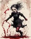 Placeholder: Petit girl goth, run pose, fullbody, splashes blood, behind guts rising from the ground, watercolor illustration by <John Kenn Mortensen>, darkred tones,