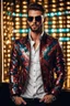 Placeholder: Full body Real photography handsome man super model European on fashion style dressing luxury jacket diamonds patterns,sunglasses,turn on music DJ player in disco club