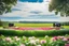 Placeholder: a big open disko stage in grass field in country side environment ,green field ,flowers , at distance,blue sky pretty clouds ,camera looking at horison