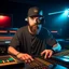 Placeholder: A short brown beard DJ with a baseball hat on his head, sing at microphone, many electronic consoles at club, laser lights, FRONT VIEW