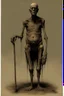Placeholder: The full body of a fat old man holding a cane , front view,decayed and rotting with grotesque proportions and imagery. surreal horror, biomechanical design, by hr giger and beksinski