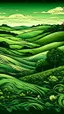 Placeholder: Dark green hilly meadows near a farmland in Art Nouveau art style