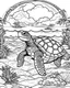 Placeholder: coloring pages for kids, Pacific island shaped Japanese ink painting, paradise, sea turtles, yellow sun, a Polynesian warrior , Art drawing .super detailed, anime cartoon style, thick lines, low detail, black and white, no shading, --ar 85:110
