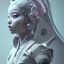 Placeholder: Cyber teenager, color makeup, grey hair, rounded face, geisha style hair, white skin, pattern dress, velvet, vibrant color, cyberpunk style, highly detailed, art stations, concept art, smooth, unreal engine 5, god rays, ray tracing, RTX, lumen lighting, ultra detail, volumetric lighting, 3d, finely drawn, high definition, high resolution, gradient background