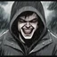 Placeholder: a closeup of a psychopathic young man with white eyes in a heavy coat and hood during a rainstorm laughing cartoon