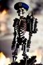 Placeholder: ultra high definition image of an attractive but scary looking skeleton, rising from the ashes, a war veteran, partially humanlike characteristics, army beret and ripped amo wear, very detailed, chaotic background, dramatic close-up action shot of him on a burned out war tanker with a torpedo on shoulder ready to fire and ammo ,gothic and dark theme, 12k