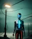 Placeholder: Ultra realistic photographic night portrait, cinematic, brunette woman, <hanging wires> <retro monitor> many wires coming out of the head <perfect pupil> <cyborg arm> <garage> <wide angle Shot> <sci-fi futuristic> <thriller>, led lights, color fog, soft color, highly detailed, unreal engine 5, ray tracing, RTX, lumen lighting, ultra detail, volumetric lighting, high definition.