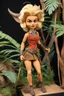 Placeholder: (1960's stop-motion animation puppet, in the style of Ray Harryhausen) Close-up shot of Shanna the blonde She-Devil, the jungle girl, executed as a handcrafted articulated armature puppet. She stands 10 inches tall within a detailed stop-motion diorama of a primordial jungle, built with layers of textured painted paper, foam, dried moss, and miniature tropical foliage. Shanna wears a carefully stitched leather and felt leopard print two-piece swimsuit (revealing outfit) with micro-textures