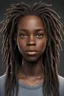 Placeholder: realistic black woman, eighteen years old, round face, rounded face, soft face, cunning eyes, dreadlocked hair, dark skin