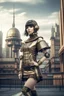 Placeholder: full body picture of a woman with a bob, a fringe hairstyle, Cleopatra clothing futuristic steampunk, city background