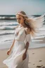 Placeholder: Angel with blonde hair and a white dress on the beach