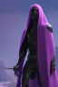 Placeholder: girl in futuristic black and purple ninja armor, cloak, two swords, glowing purple armor, fighting pose, cyborg city background