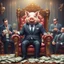 Placeholder: rich pig in suit on a throne making stacks of money by making a deal with a buisnessman. background of musicians