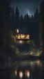 Placeholder: Simple house in the middle of the forest by the river at night