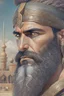Placeholder: Mesopotamian warrior, expression serious, aura, portrait, background Mesopotamian city, comic style, long beard,