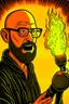 Placeholder: Firestarter animateur radio hardrock with a microphone. He has no hair. He has a thin beard. Je has glasses. He's about 50 years. Seems angry. Flames all around