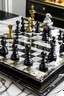 Placeholder: A marble white with grey swirls chess board with black and gold gorilla theme chess set