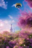 Placeholder: digital illustration, a world full of life divine thrill of biological tranquil sky, flowers, spaceship, , bright color splashes, high detailed 8 k