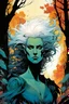 Placeholder: create a wildly conceptual closeup full body print illustration of a feral mage with highly detailed hair and feminine facial features, in an ethereal, otherworldly ,ancient autumn forest , in the comic book art style of Bill Sienkiewicz, Mike Mignola, Sparth, and Jean Giraud Moebius, finely drawn, colored, and inked, suffused with dramatic natural light and shadow of sunset