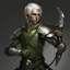 Placeholder: Please create an image for a young elven male with light brown skin, silver hair, and green eyes. He is carrying a crossbow and is accompanied by a metallic robot