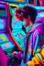 Placeholder: a millineal teenage boy is playing video arcade games, bright colored clothes from the 90s, hairstyles of that time