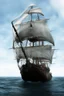 Placeholder: front view of a ship with a spider figurehead in stormy weather