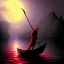 Placeholder: Charon in his boat on the river Styx, red black purple colours, 8k, high definition, fantasy art