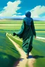 Placeholder: woman, plain, field, full islamic hijab, happy, walking, blue sky, green field, landscape, behind, realism, detail, road